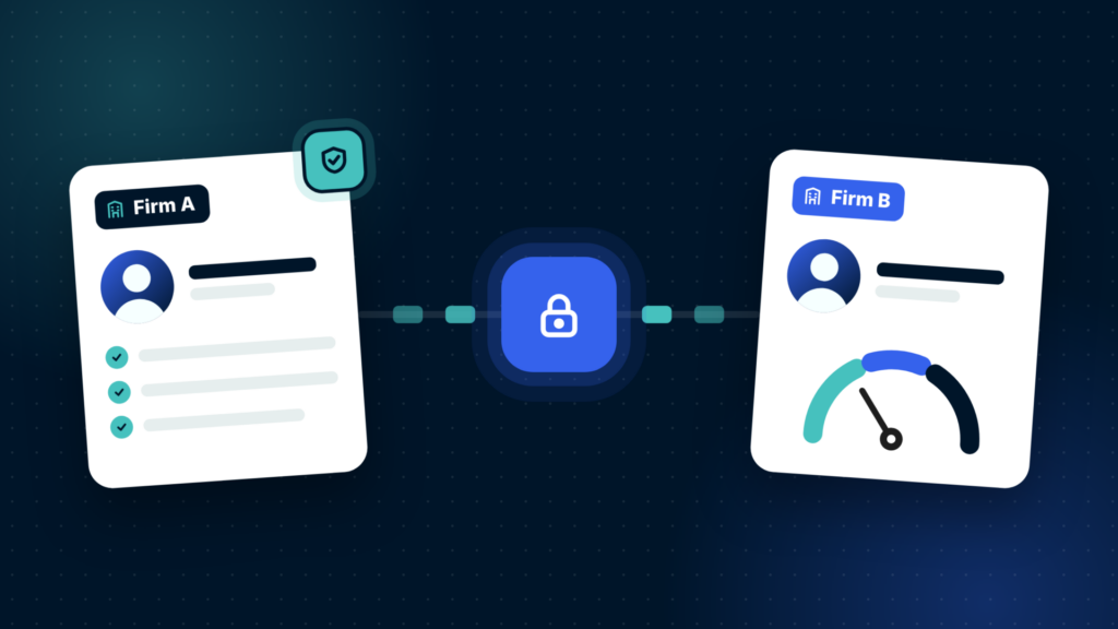 Illustration of a verified customer due diligence record at Firm A shared through a secure, locked connection with Firm B, which receives the customer information and carries out its own risk assessment shown as a risk gauge.
