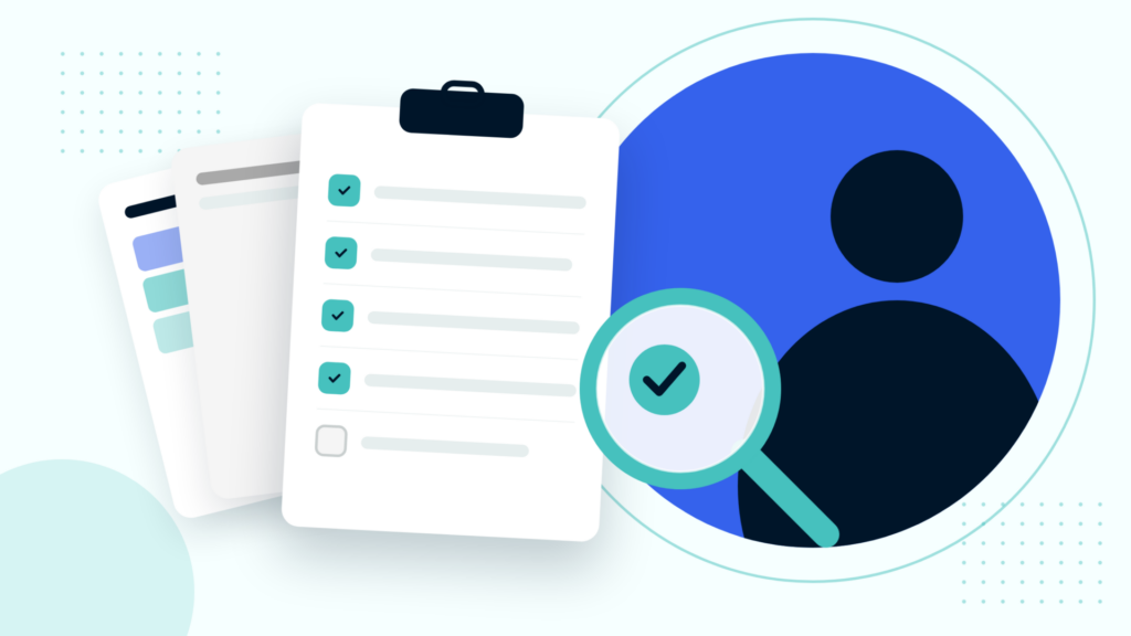 Illustration of AML/CTF programme documents and a risk assessment behind a clipboard checklist with most items ticked, while an independent evaluator examines a completed item through a magnifying glass.