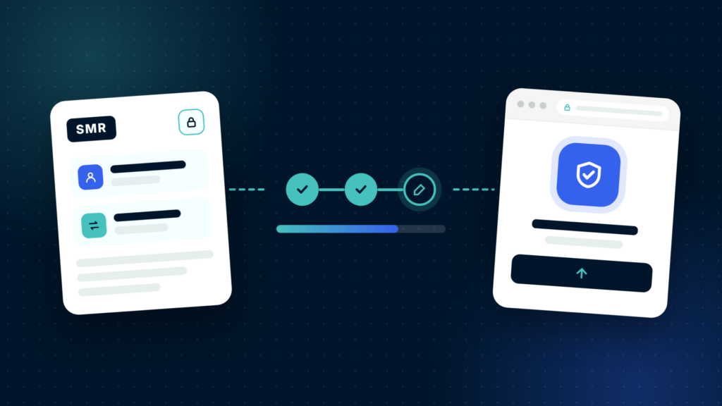 Illustration of a confidential suspicious matter report form with customer and transaction details, a progress indicator showing the report nearly complete, and a secure online portal ready for submission to AUSTRAC.