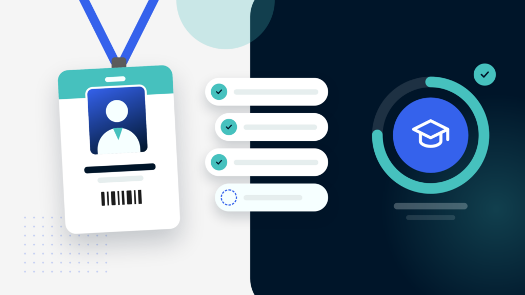 Illustration of a staff ID badge with a neutral employee portrait, a personnel due diligence checklist with three of four items completed, and a training record shown as a progress ring with a graduation cap and a compliance tick.