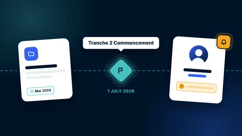 Illustration of a timeline linking an existing client file dated March 2024, a milestone flag marking Tranche 2 commencement on 1 July 2026, and a customer profile with an amber notification signalling a review is due.