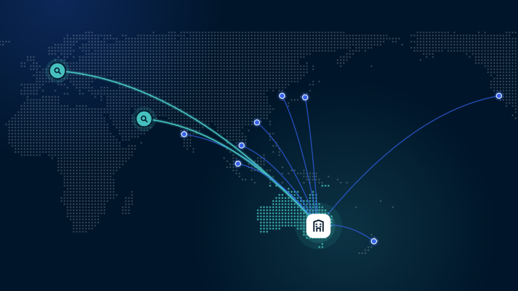 Dotted world map showing an Australian business connected to overseas suppliers across Asia, Europe, the Middle East, New Zealand and the United States, with two supplier connections highlighted for additional sanctions screening.